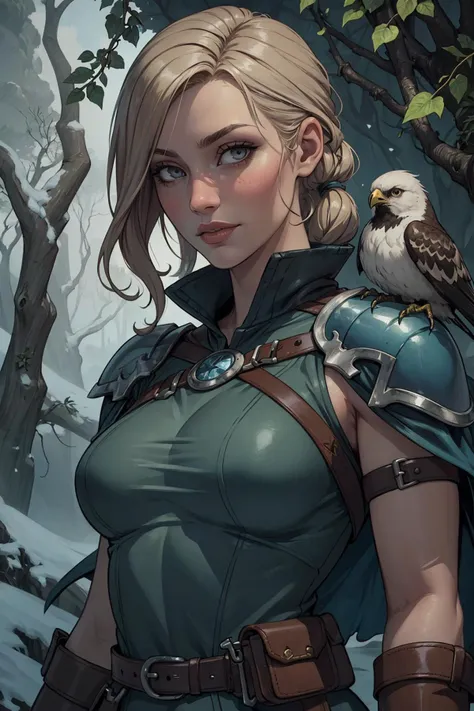 (best quality, masterpiece),
cold colors, drawing,   creative, high resolution, , high definition, limited palette, depth of field, 
1 girl, adult  woman,  grey eyes, blonde quiff hair, 
  looking down, solo, upper body, detailed background, detailed face, ((DarkFantasy:0.8), dark fantasy theme:1.1), falconer, bird resting on shoulder, falcon resting on shoulder, falconer gloves, light smile, confident presence, immersed in nature, dynamic pose, medieval fantasy setting, high fantasy, brown  leather clothes,  gloves,  pouch, straps, rocky forest, fallen leaves, , ivy, , roots, ,  ravine,  fireflies,  wildlife, spear,  snow, fog,