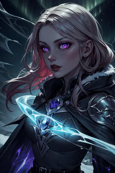 (best quality, masterpiece),
1 girl, adult (elven:0.7) woman, freckles, purple eyes, dark blonde prom hairstyle,
Style-GravityMagic, portrait, solo, half shot, looking down, detailed background, detailed face, (<lora:VampiricTech:0.6>, vamptech ,vampiric theme:1.1), glowing eyes, ice mage, wearing elaborate blue sorcerer vest, cloak, belt, magical sapphire artifact, icy cold gaze, eternal winter, ethereal sigils, icicles forming in background, aurora borealis, freezing air, serene atmosphere,