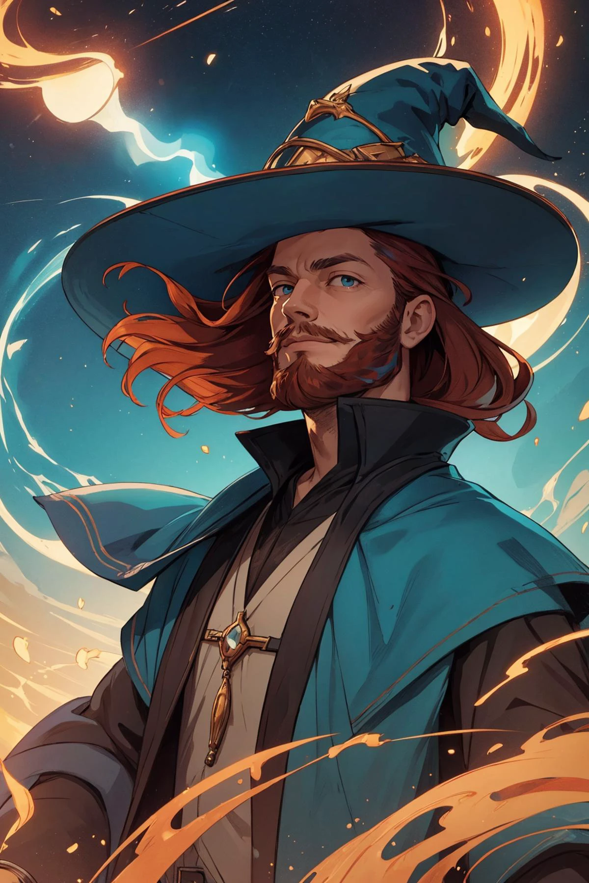 (best quality, masterpiece),
(1man, old male:1.2), frail, teal eyes, copper hair, short beard,
Style-GravityMagic, portrait, looking up, solo, half shot, detailed background, (arid middle-eastern desert theme:1.1), light smile, witch hat, witch, magical atmosphere, hair flowing in the wind, blue trimmed light colored clothes, colorful swirling elemental lightning in the air, swirling portal, dark magic, floating particles, ocean shore background,
