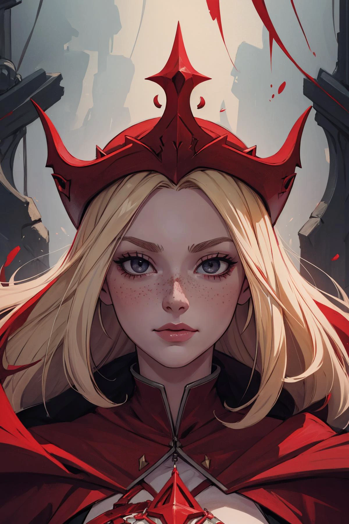 (best quality, masterpiece),
1 girl, adult woman, freckles, black eyes, blonde medium hair,
portrait, looking at viewer, solo, half shot, detailed background, detailed face, pale complexion, evil blood sorcerer, scarlet robes, cape, crimson crown, dynamic movement, smirk, crimson arcane runes floating in the air, floating particles, blood droplets, blood sacrifice, stream of blood, ( flowers:0.7), in background, surrounded by crimson mist, symmetrical composition, epic atmosphere,
