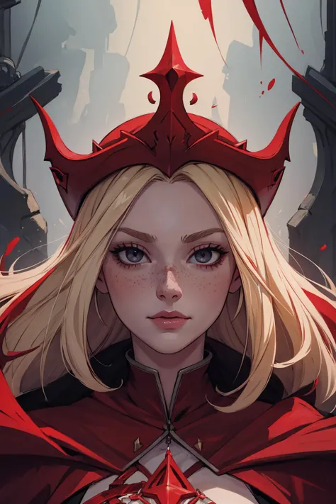 (best quality, masterpiece),
1 girl, adult woman, freckles, black eyes, blonde medium hair,
portrait, looking at viewer, solo, half shot, detailed background, detailed face, pale complexion, evil blood sorcerer, scarlet robes, cape, crimson crown, dynamic movement, smirk, crimson arcane runes floating in the air, floating particles, blood droplets, blood sacrifice, stream of blood, ( flowers:0.7), in background, surrounded by crimson mist, symmetrical composition, epic atmosphere,