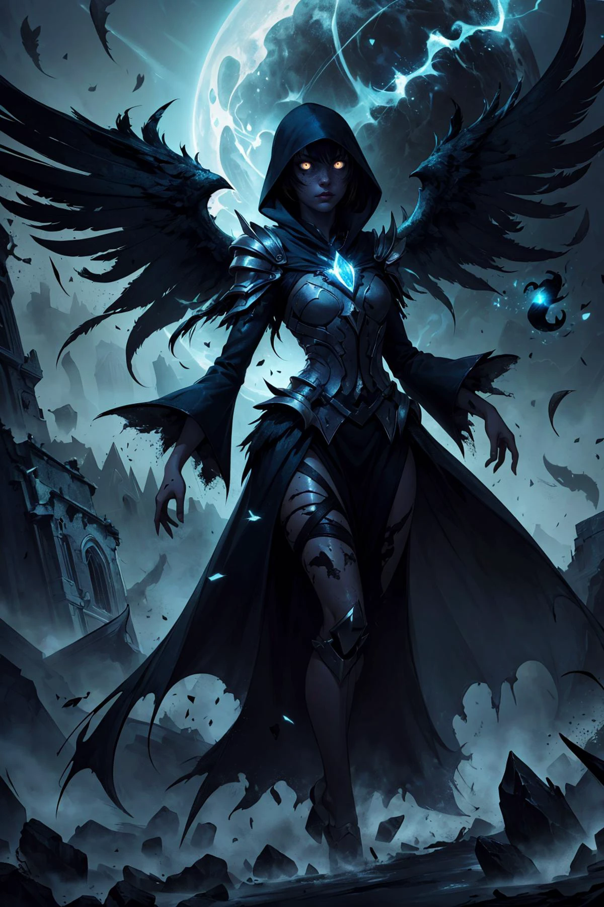 (best quality, masterpiece),
1 girl, adult (elven:0.7) woman, freckles, brown eyes, blonde hair flaps,
Style-GravityMagic, solo, upper body, looking at viewer, detailed background, detailed face, (<lora:EntropyMagic:0.6> fantasy, dissolving, entropymagic theme:1.1), glowing eyes, raven-mage, dark feathers, wearing robe, hood, dark feathered wings, standing, raven-themed runes, raven perched on shoulder, swirling black feathers drifting in the wind, desolate wasteland in background, dark night, volumetric lighting, mystical atmosphere,