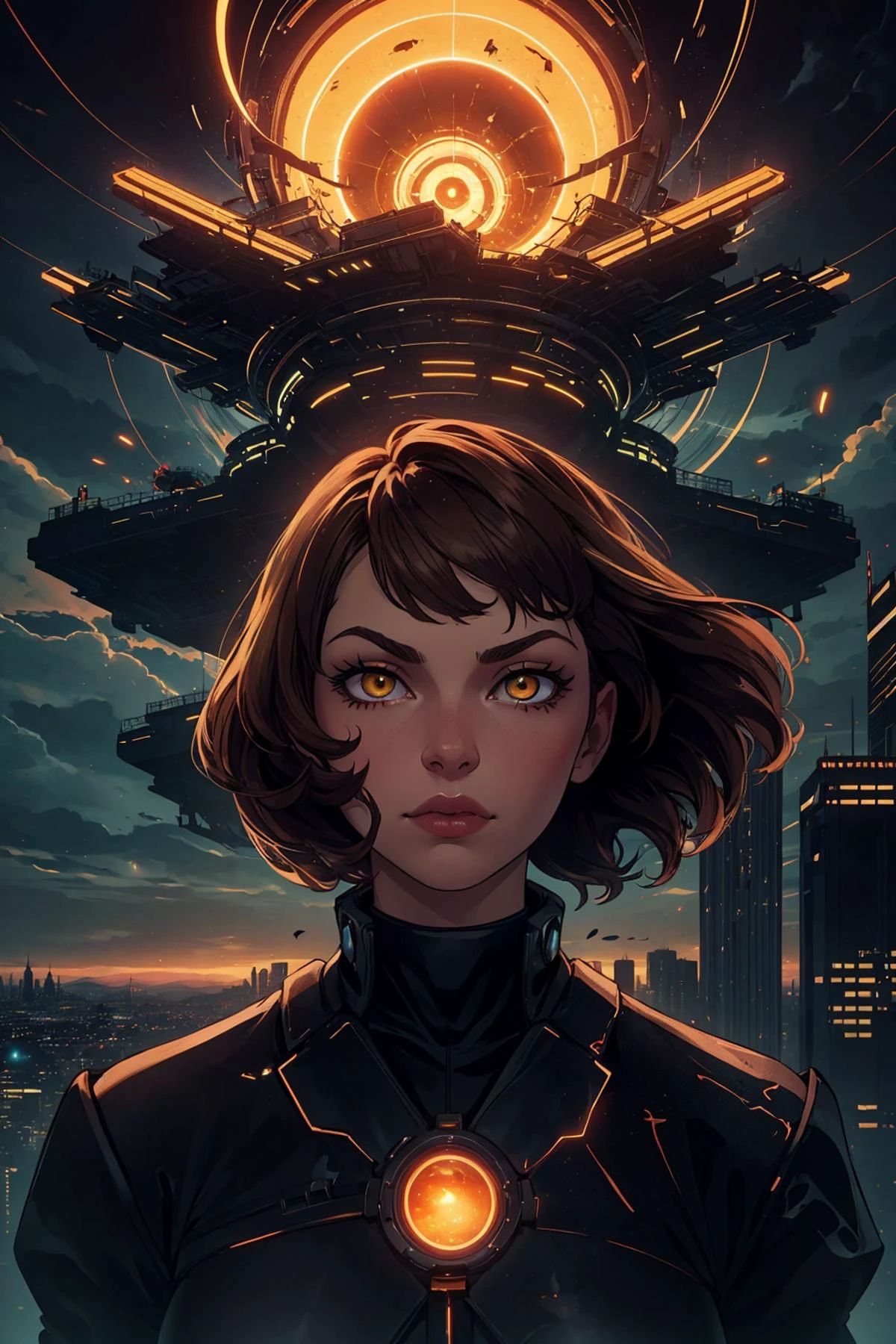(best quality, masterpiece),
1 girl, adult woman, yellow eyes, brown lob hair,
(focus on character:1.1), portrait, solo, (full body:0.6), detailed background, detailed face, (<lora:InfraBlackholeTech:0.6>, inblackholetech theme:1.1), aristocratic pose, awestruck, ruling class, elegant clothing, looking up at floating (cloud city:1.1), cloudtop sky-city, floating platforms, floating buildings, balcony, bridges, propellers, clouds in background, zeppelin in background, cinematic atmosphere, glowing dark brown lights,