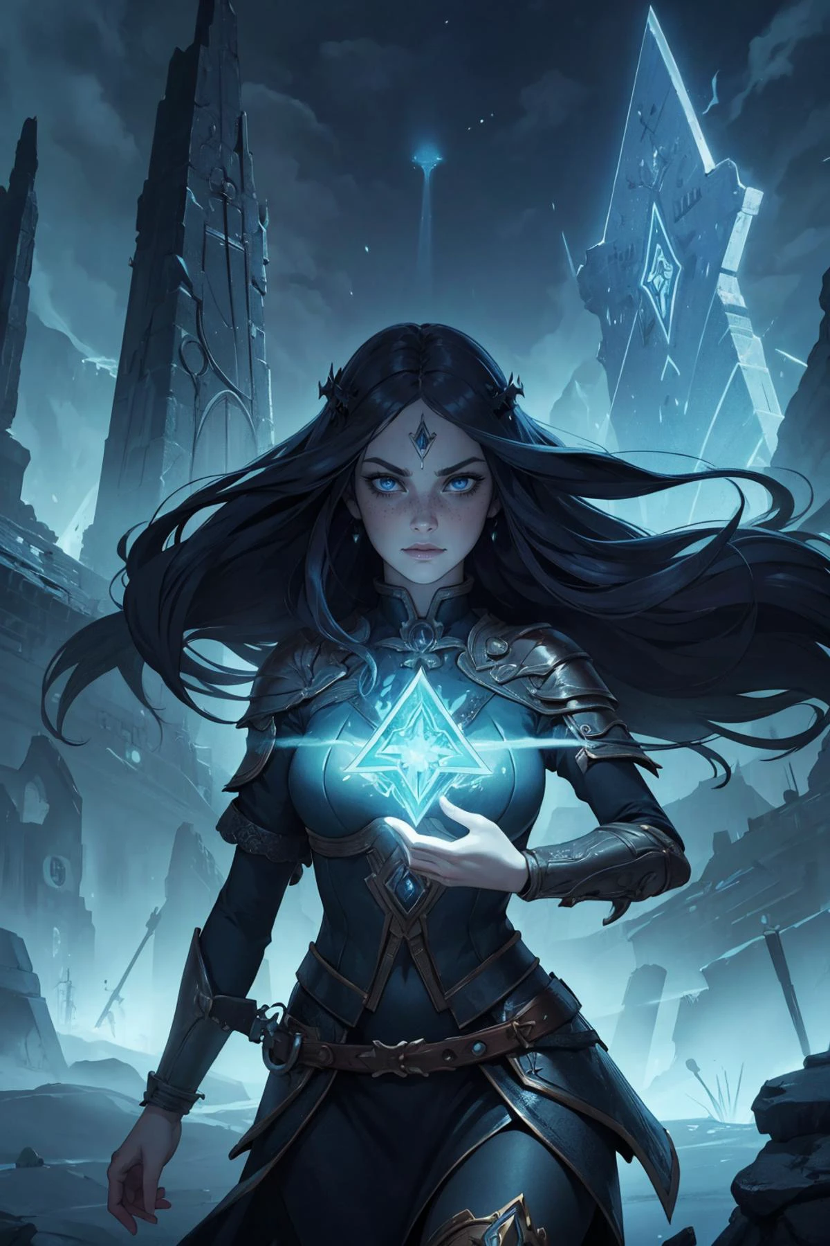 (best quality, masterpiece),
1 girl, adult (elven:0.7) woman, freckles, blue eyes, copper long hair,
portrait, solo, (full body:0.6), looking at viewer, detailed background, detailed face, (sinister (DarkFantasy:0.8), dark fantasy theme:1.1), rune-priest, magic runes, runic scripture, floating particles, tribal runes, geometric patterns, rune altar in background, backlighting, moonlight, ethereal atmosphere, action scene,