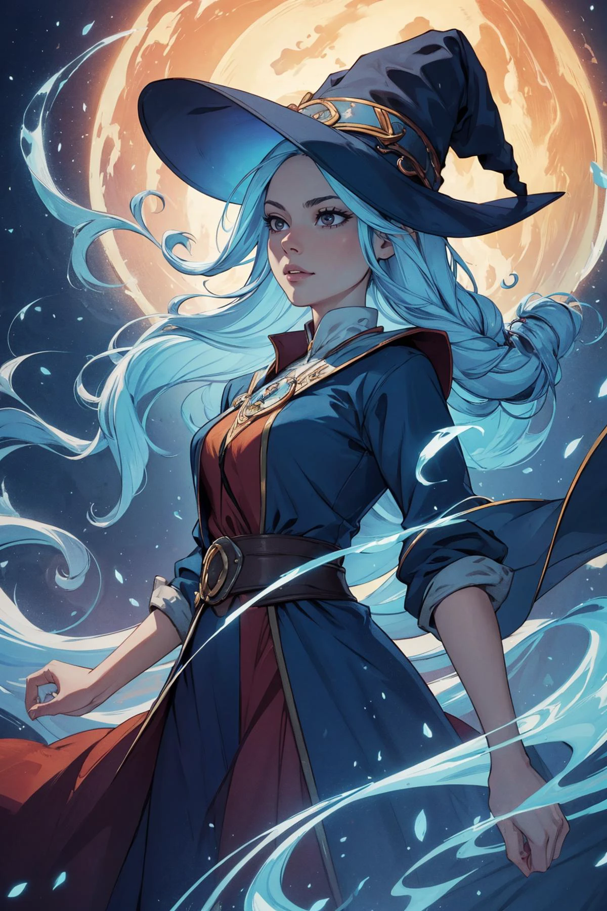 (best quality, masterpiece),
1 girl, adult woman, brown eyes, ginger fishtail braid,
Style-GravityMagic, looking down, solo, upper body, detailed background, light smile, witch hat, witch, magical atmosphere, hair flowing in the wind, blue trimmed light colored clothes, dynamic pose, colorful whirlwind of swirling magic streams in the air, dark magic, floating particles, moonlit clearing background, backlighting, dim light,