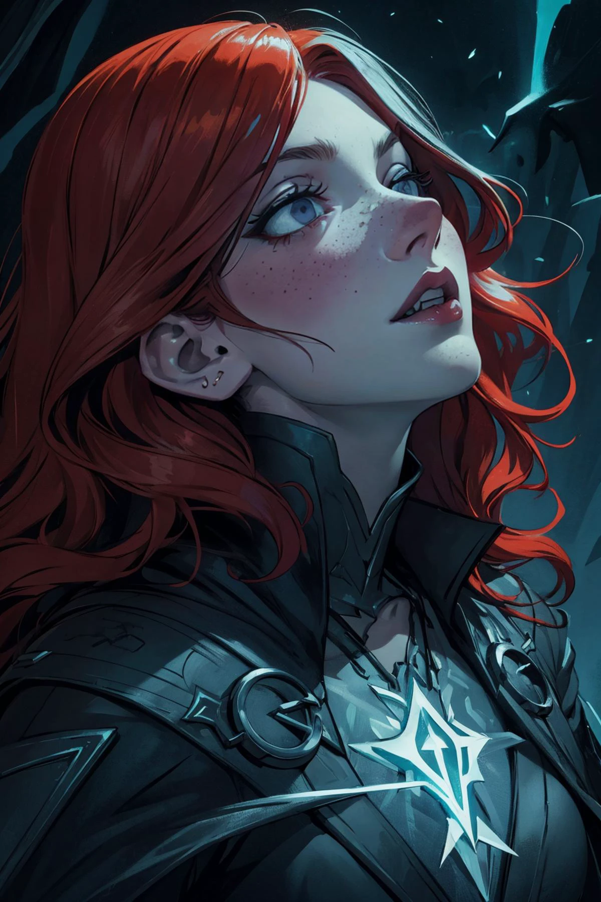 (best quality, masterpiece),
1 girl, adult (elven:0.7) woman, freckles, black eyes, ginger wavy hair,
Style-GravityMagic, portrait, solo, upper body, looking up, detailed background, detailed face, (<lora:GlowingRunesAIv4:0.6>, GlowingRunesAI_paleblue, glowing runes theme:1.1) vampire, piercing gaze, pale skin, vampire fangs, tattered vampire clothes, hooded, cape, pendant, brooding, cobwebs, forest in background, dark clouds, dark night, contrast, eerie atmosphere,