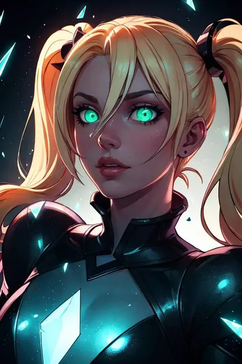 (masterpiece, best quality, ultra-detailed, best shadow), (detailed background,dark fantasy), (beautiful detailed face), high contrast, (best illumination, an extremely delicate and beautiful), ((cinematic light)), colorful, hyper detail, dramatic light, intricate details, (1girl, solo,blonde hair, sharp face,low twintails,glowing green eyes, hair between eyes,dynamic angle,upper body), swirling black light around the character, depth of field,black light particles,(broken glass),magic circle,<lora:add_detail:1>