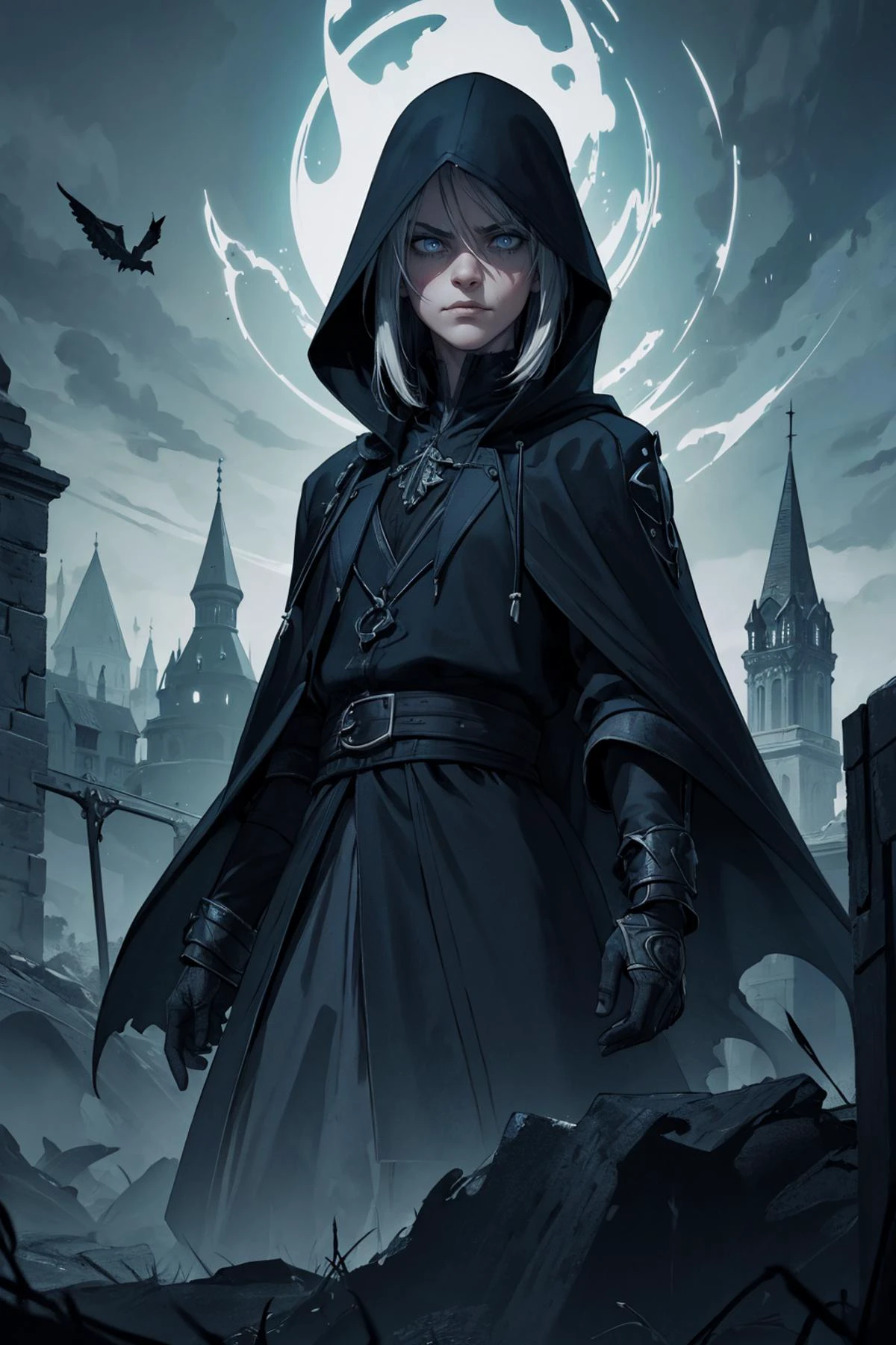 (best quality, masterpiece),
(1man, old russian male:1.2), aquamarine eyes, gray hair, straight hair,
Style-GravityMagic, solo, half shot, looking at viewer, detailed background, detailed face, (sinister (DarkFantasy:0.8), dark fantasy theme:1.1) sad, ethereal glowing eyes, soul reaper, hooded, arm reaching towards viewer, rot, floating particles, dark shadows, cold, ruin in background, ravens in background, wind, night, mysterious lighting, sinister dark atmosphere,