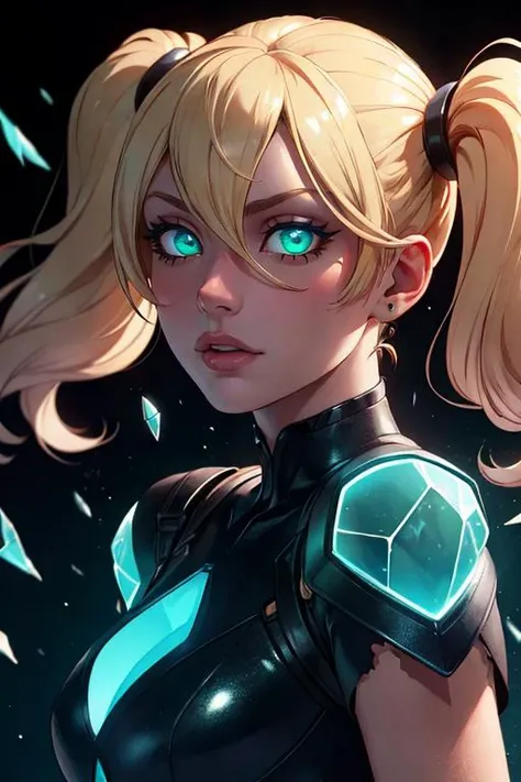 (masterpiece, best quality, ultra-detailed, best shadow), (detailed background,dark fantasy), (beautiful detailed face), high contrast, (best illumination, an extremely delicate and beautiful), ((cinematic light)), colorful, hyper detail, dramatic light, intricate details, (1girl, solo,blonde hair, sharp face,low twintails,glowing green eyes, hair between eyes,dynamic angle,upper body), swirling black light around the character, depth of field,black light particles,(broken glass),magic circle,<lora:add_detail:1>