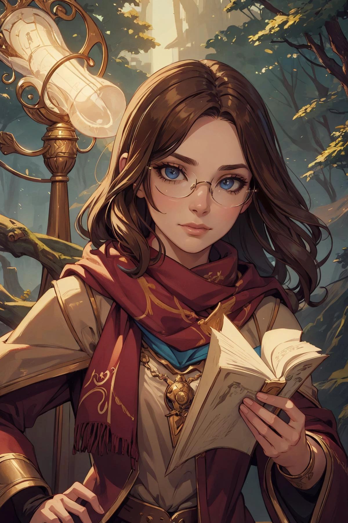 (best quality, masterpiece),
1 girl, adult (elven:0.7) woman, hazel eyes, dark brown lob hair,
(style-swirlmagic:0.8), portrait, looking down, solo, upper body, detailed background, detailed face, (<lora:SteamPunkBundleV3:0.5>, GasLampFantasyAI theme:1.1), hogwarts student, mischievous, (gryffindor uniform:1.1), scarf, glasses, shirt, dynamic pose, light spell, bright light, ball of light, magical forest in background, sunlight,