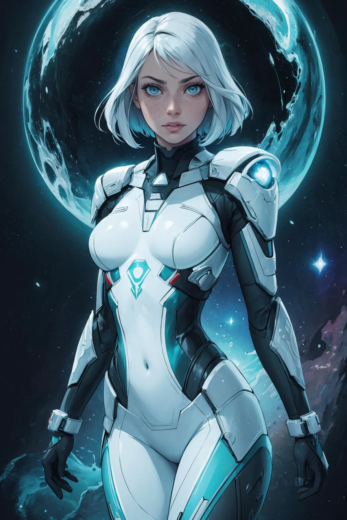 (best quality, masterpiece),
1 girl, adult woman, freckles, green eyes, white short hair,
Style-GravityMagic, solo, (full body:0.6), looking at viewer, detailed background, detailed face, (masseffect theme:1.1) (glowing eyes:1.05), cosmic walker, zodiac, calm, pisces, esoteric geometric patterns, interstellar power, nebula, cosmic light, aura, bloom, floating particles, cosmic space background, dreamlike esoteric atmosphere,