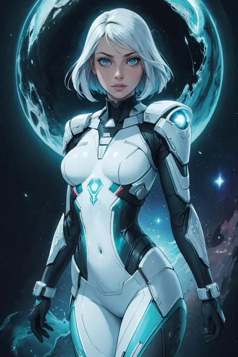 (best quality, masterpiece),
1 girl, adult  woman, freckles, green eyes, white short hair, 
Style-GravityMagic,  solo, (full body:0.6), looking at viewer, detailed background, detailed face, (masseffect theme:1.1) (glowing eyes:1.05), cosmic walker, zodiac,   calm, pisces, esoteric geometric patterns, interstellar power, nebula,  cosmic light, aura, bloom,  floating particles,   cosmic space background, dreamlike esoteric atmosphere,