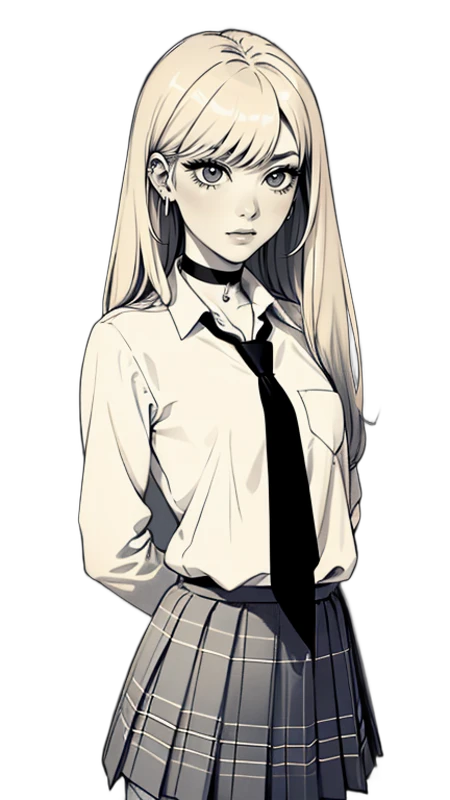 (best quality,masterpiece), ((monochrome)) <lora:kitagawa_marin_v1-1:1> ,kitagawa marin, 1girl, blonde hair, long hair, jewelry, earrings, piercing, school uniform, white shirt, tied shirt, black choker, blue necktie, plaid skirt,simple background, frame,