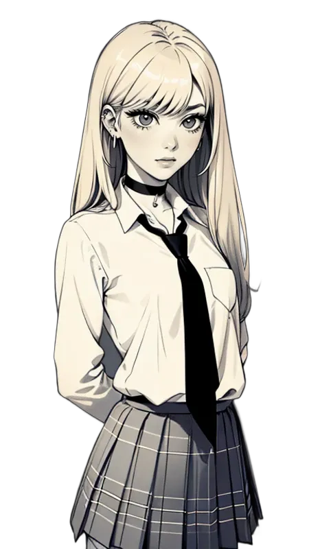 (best quality,masterpiece), ((monochrome)) <lora:kitagawa_marin_v1-1:1> ,kitagawa marin, 1girl, blonde hair, long hair, jewelry, earrings, piercing, school uniform, white shirt, tied shirt, black choker, blue necktie, plaid skirt,simple background, frame,