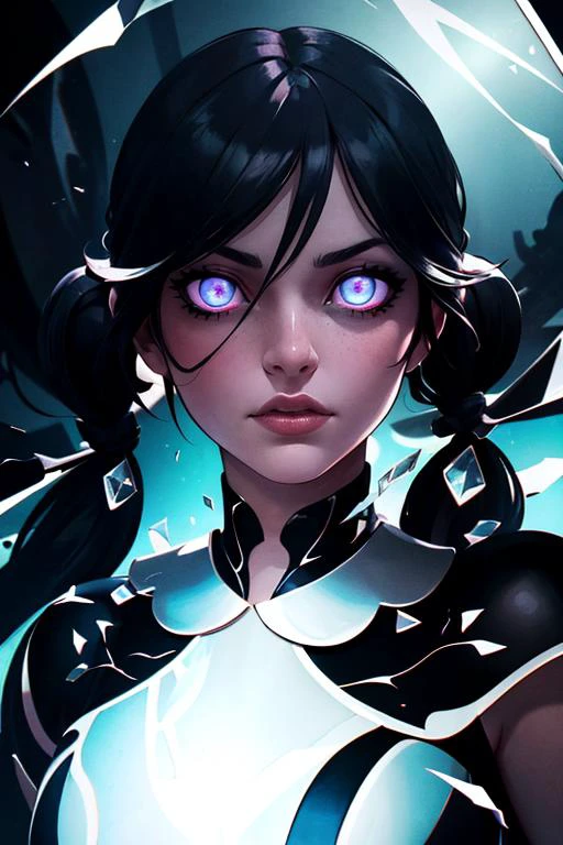(masterpiece, best quality, ultra-detailed, best shadow), (detailed background,dark fantasy), (beautiful detailed face), high contrast, (best illumination, an extremely delicate and beautiful), ((cinematic light)), colorful, hyper detail, dramatic light, intricate details, (1girl, solo, sharp face,low twintails,glowing eyes, hair between eyes,dynamic angle,upper body), swirling black light around the character, depth of field,black light particles,(broken glass),magic circle,<lora:add_detail:1>