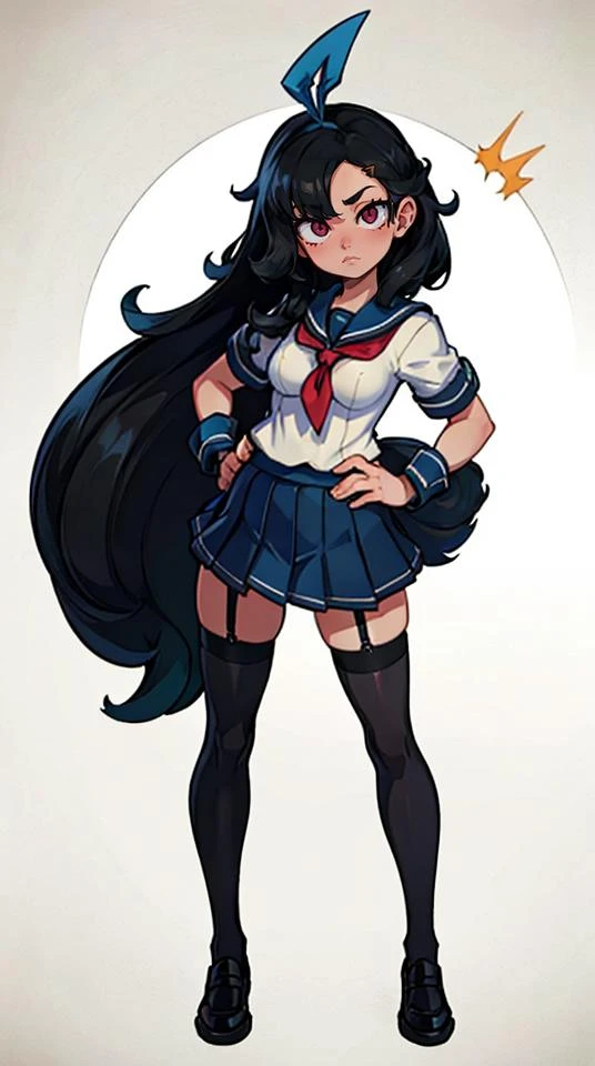 (best quality, masterpiece)1girl,chool uniform, sharp eyes, looking at viewer, hand on hip, garter belt, stockings, black hair, medium hair, medium breasts, standing,nice hands, perfect hands <lora:GoodHands-vanilla:1> <lyco:EnvyCuteMix12:1.0>