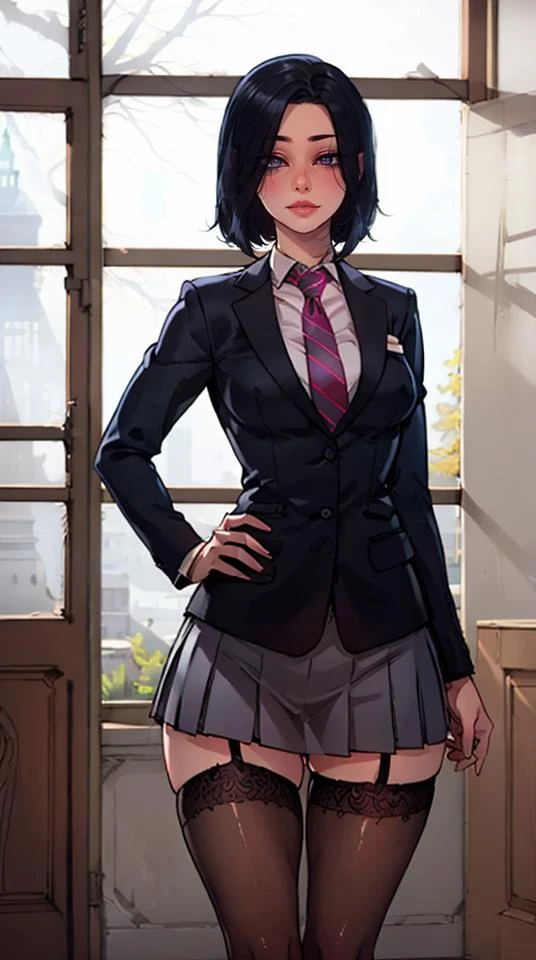 (best quality, masterpiece)1girl,chool uniform, sharp eyes, looking at viewer, hand on hip, garter belt, stockings, black hair, medium hair, medium breasts, standing,nice hands, perfect hands <lora:GoodHands-vanilla:1> <lyco:ratatatat74 style:1.0>