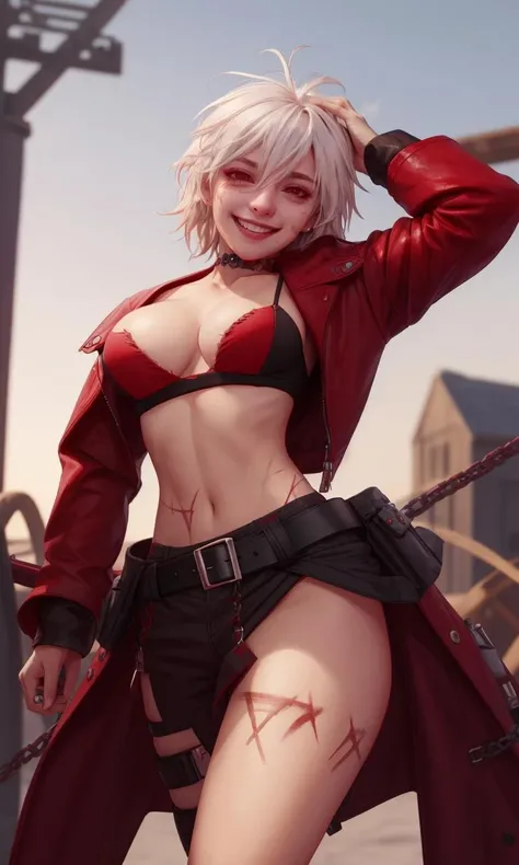 jackiequilt2023, 1 girl, scar under eye, uhd, 8k, best quality, masterpiece, smile, wearing belts as clothes,