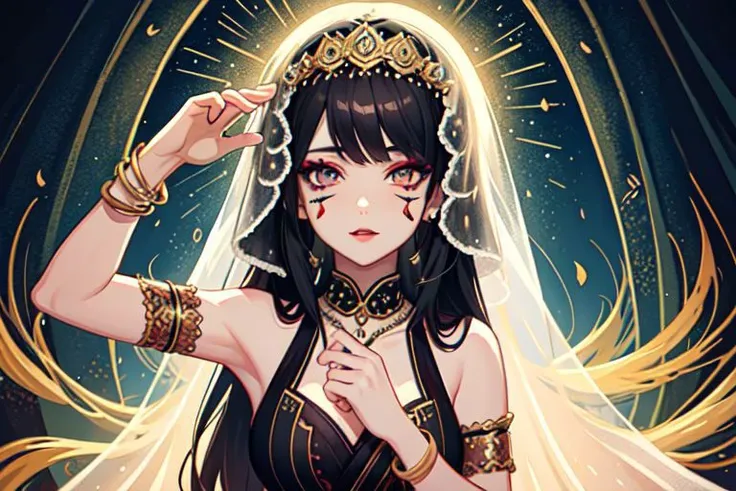 oriental palace, belly dance,girls head veil , flower rain, midnight, cartoon style, high quality, dark makeup, hairstyle, Indian, face patch,( dark eyes),Covered face