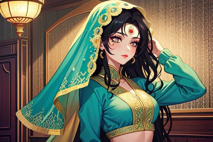 oriental palace, belly dance,girls head veil , flower rain, midnight, cartoon style, high quality, dark makeup, hairstyle, Indian, face patch,( dark eyes),Covered face