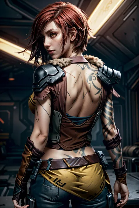 (masterpiece, best quality, cinematic lighting)
LilithBorderlands,  1girl, solo, red hair, yellow eyes, upper body, from behind, looking at viewer
  