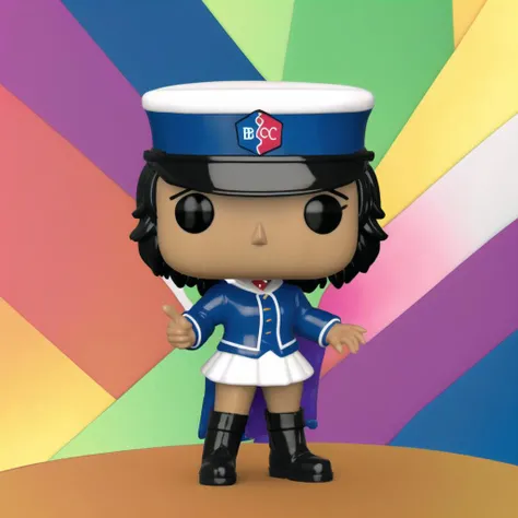 <lora:andou-10:1> Andou , dark skin , black hair , messy hair , bc freedom school uniform , headwear , white skirt , boots , mouth , funko , eyelashes , blurry background , colorful , <lora:Funko:1>