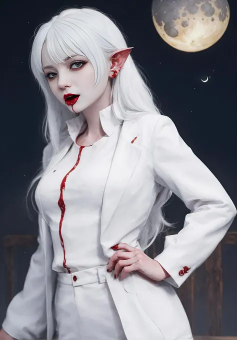 woman,white suit,bloody mouth,(moon),dark sky,(pointy ears:1.1),(white hair),((white skin)),<lyco:coloredSkin-08:0.7><lora:bloody mouth:0.7>