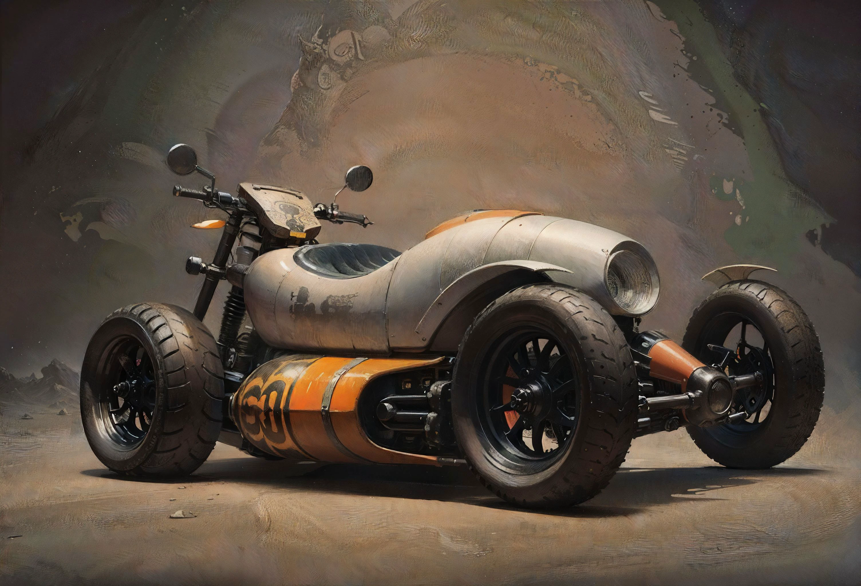 70's punk fantasy style, a very old mixed black-orange sports moto (harley davidson: 0.8; moto guzzi: 0.2), the wheels are almost entirely hidden by the bodywork with very rounded curves, the wheels with very wide rims , dragster engine visible on the front hood, stylishly redone bodywork, beautiful colors, very detailed, clean lines, high contrast, colors, deep blacks, abstract, 4k, uhd, masterpiece <lora:bK~Nk!QC: 1.3> <lora:Biomechanical_v2_lora1500:0.8>