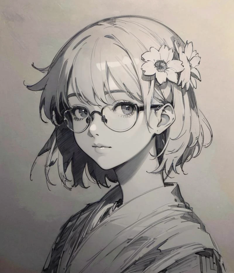 youngï¼1girlï¼beautiful,head,(realistic:1.1),glasses,short hair, hair flower,, {{illustration}},{{{masterpiece}}},{{best quality}}, hignity 8k wallpaper,simple background,{{intricate detail}},{highres}ï¼realisticï¼Pencil drawingï¼(portrait:1.2)ï¼(sketch:1.2)ï¼paintingï¼monochrome,rough sketch,(Line art:1.2),meticulous painting,white paperï¼character on paperï¼black and whiteï¼extra lines,clear lines,
<lora:æç»äºæ¬¡å
:0.9>