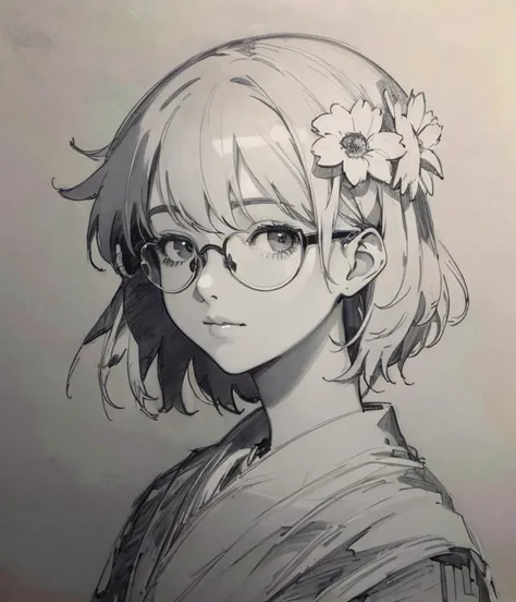 youngï¼1girlï¼beautiful,head,(realistic:1.1),glasses,short hair, hair flower,, {{illustration}},{{{masterpiece}}},{{best quality}}, hignity 8k wallpaper,simple background,{{intricate detail}},{highres}ï¼realisticï¼Pencil drawingï¼(portrait:1.2)ï¼(sketch:1.2)ï¼paintingï¼monochrome,rough sketch,(Line art:1.2),meticulous painting,white paperï¼character on paperï¼black and whiteï¼extra lines,clear lines,
 <lora:æç»äºæ¬¡å:0.9>