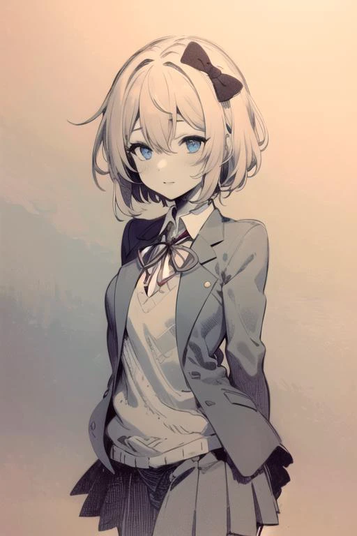 1girl, <lora:Karakter ddlcsayoritest:0.8>, ddlcsayori, blue eyes, hair between eyes, hair bow, hair ornament, pink hair, red bow, short hair, blue skirt, pleated skirt, school uniform, skirt, brown jacket, jacket, <lora:æç»äºæ¬¡å
:1>, hand-drawn art, monochrome, Unpainted, arms behind back,