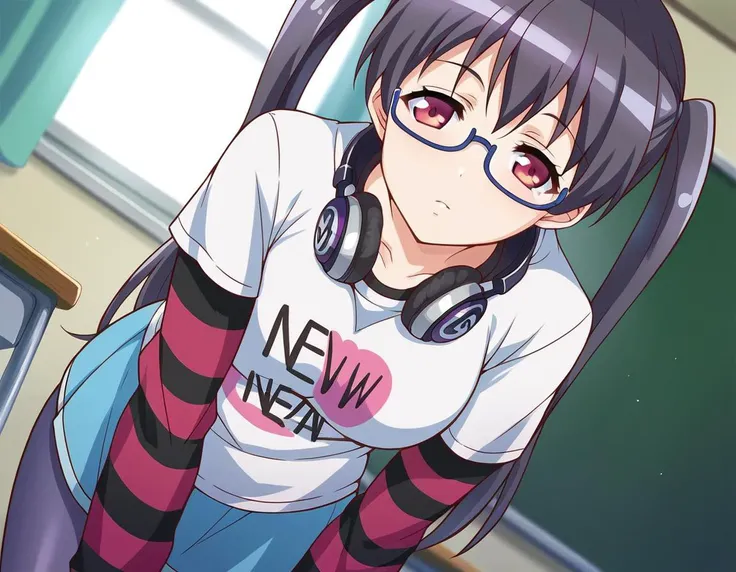 score_9, score_8_up, score_7_up, source_anime,
iorikousaka, <lora:iori-kousaka-ponyxl-lora-nochekaiser:1>
iori kousaka, black hair, twintails, glasses, red eyes,
skirt, thighhighs, pantyhose, striped sleeves, shirt, headphones, t-shirt, clothes writing, semi-rimless eyewear, headphones around neck, raglan sleeves,
indoors, classroom, bent over,
looking at viewer, dutch angle, cowboy shot,
