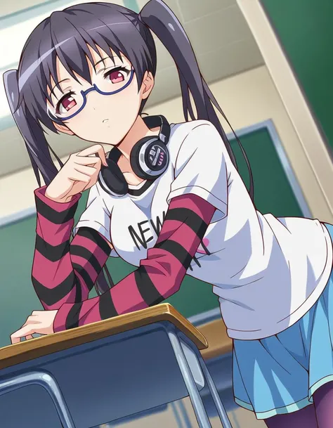 score_9, score_8_up, score_7_up, source_anime,
iorikousaka, <lora:iori-kousaka-ponyxl-lora-nochekaiser:1>
iori kousaka, black hair, twintails, glasses, red eyes,
skirt, thighhighs, pantyhose, striped sleeves, shirt, headphones, t-shirt, clothes writing, semi-rimless eyewear, headphones around neck, raglan sleeves,
indoors, classroom, bent over,
looking at viewer, dutch angle, cowboy shot,