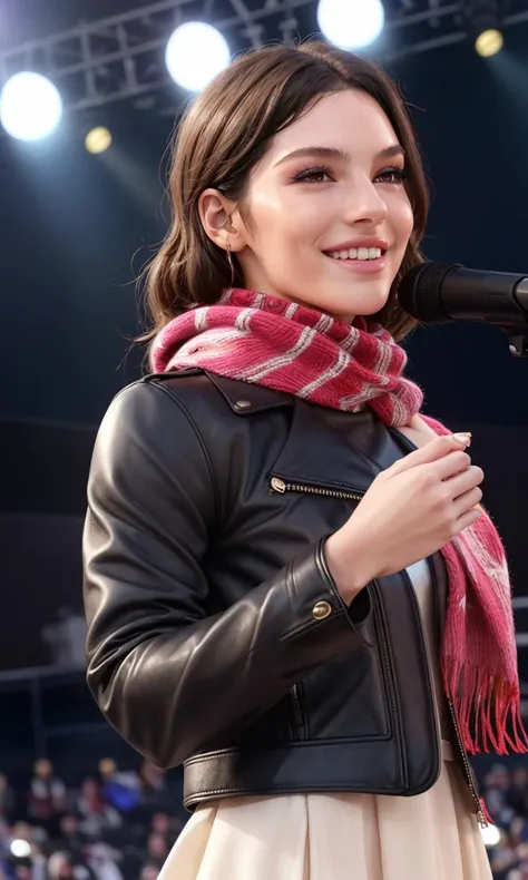 gracieabrams2023, 1girl, 8k, uhd, best quality, masterpiece, closeup, skin pores, detailed skin, brown eyes, photorealistic, 5 fingers, stage, beautiful dress, turtleneck, scarf, vibrant colors, waving to crowd, leather jacket, light smile,