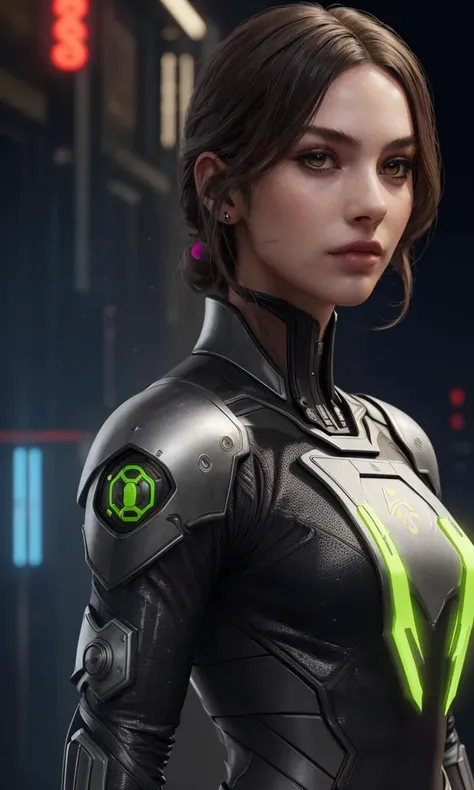 gracieabrams2023, 1girl, 8k, uhd, best quality, masterpiece, closeup, skin pores, detailed skin, brown eyes, photorealistic, 5 fingers, futuristic armoured ninja, genji armor, cyberpunk, full body suit,