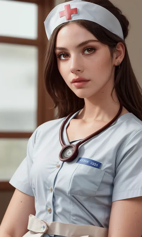 gracieabrams2023, 1girl, 8k, uhd, best quality, masterpiece, closeup, skin pores, detailed skin, brown eyes, photorealistic, 5 fingers, ww2 nurse, nurse outfit, stethoscope,