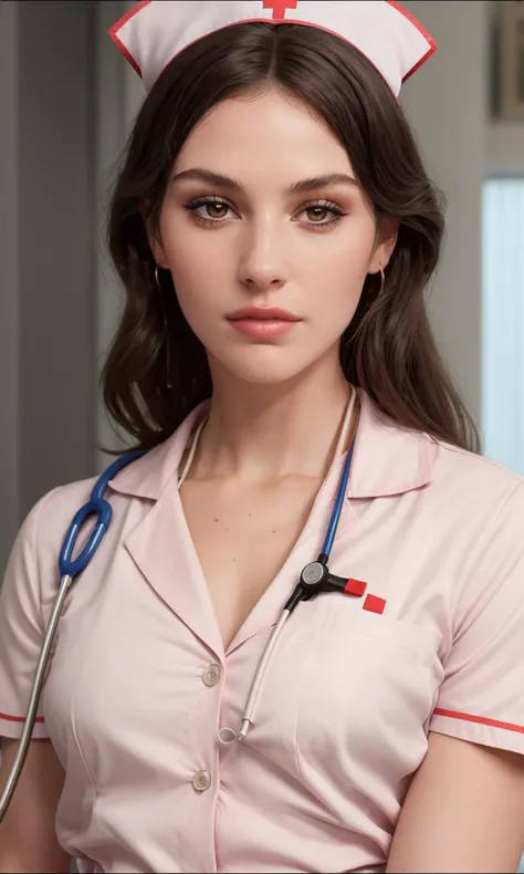 gracieabrams2023, 1girl, 8k, uhd, best quality, masterpiece, closeup, skin pores, detailed skin, brown eyes, photorealistic, 5 fingers, ww2 nurse, nurse outfit, stethoscope. 1930s \(style\),