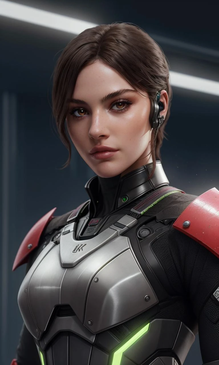 gracieabrams2023, 1girl, 8k, uhd, best quality, masterpiece, closeup, skin pores, detailed skin, brown eyes, photorealistic, 5 fingers, futuristic armoured ninja, genji armor, cyberpunk, full body suit,