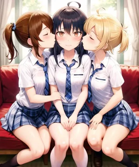 <lora:doublecheekkiss:0.7> doublecheekkiss, long hair, blush, multiple girls, skirt, blonde hair, brown hair, twintails, brown eyes, sitting, school uniform, closed eyes, ahoge, necktie, socks, 3girls, yuri, plaid, plaid skirt, couch, girl sandwich, plaid necktie