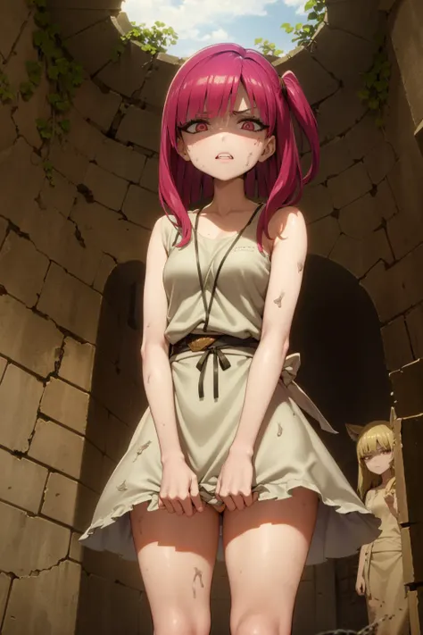 masterpiece, best quality, 1girl, morgianaslave, cowboy shot, torn dress, dirty, red eyes, one side up, red hair, chains, desert ruins, desert background, sand, disgust, looking at viewer, view from below <lora:Morgiana:1> <lora:asanagiv2:0.5> <lora:Concept_disgust:0.8>