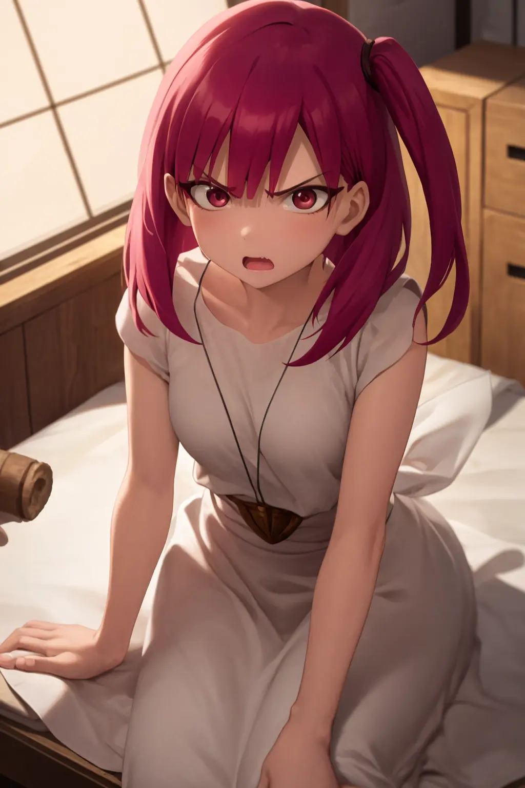 masterpiece, best quality, 1girl, closeup of morgiana, dress, red eyes, one side up, red hair, angry <lora:Morgiana:1>