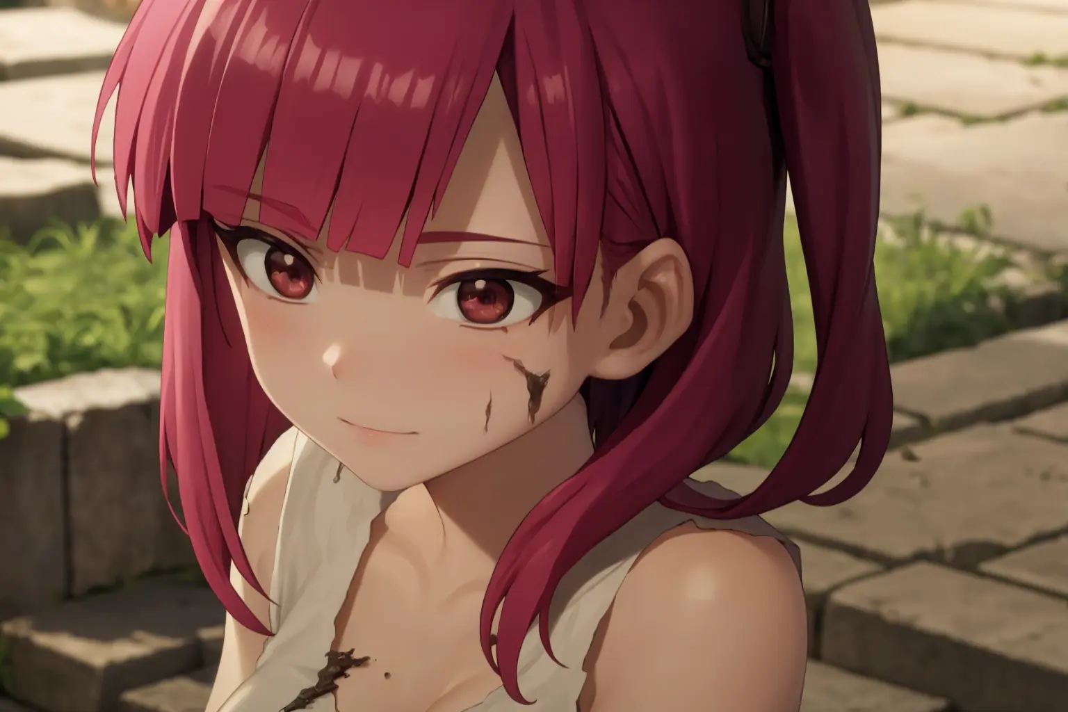 masterpiece, best quality, 1girl, closeup of morgianaslave, dirty, red eyes, one side up, red hair, torn dress <lora:Morgiana:1>