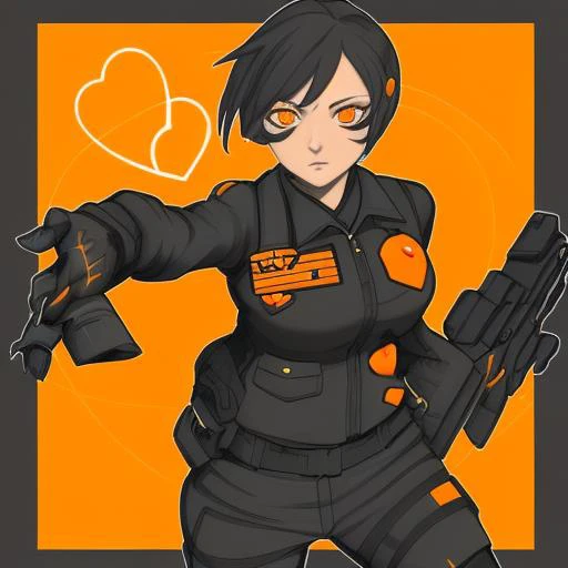 looking ahead, female, uniform, heart, orange eyes, holding, tactical clothes, women, explosive, holding weapon
