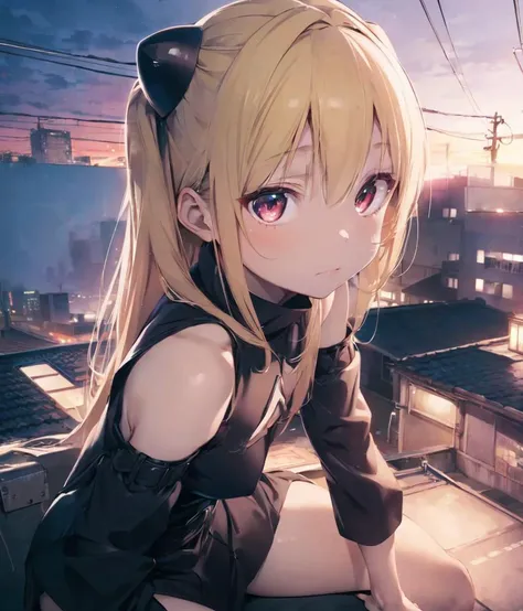 konjiki no yami, 1girl, solo, blonde hair, red eyes, long hair, small breasts, <lyco:Konjiki No Yami:0.7> ,
black dress, detached sleeves,
(night), neon lights, rooftop, sitting, expressionless,
(masterpiece, best quality, ultra-detailed),
kawaii, cute, very big eyes, Aesthetic Anime Eyes, small face,
from side,