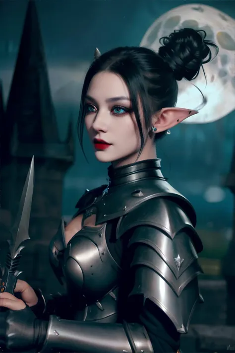 <lora:gothgalarmor:0.7>, gothgal wearing drk_glam armor, female knight, dark_glam, black Regal high bun with a decorative hair stick hairstyle, piercing jade eyes, cowboy shot, detailed symmetrical eyes, castle exterior at night, full moon, elf ears, fantasy character art, <lora:detailslider:0.5> || skin, metal armor, hair, masterpiece, 8k, high resolution, shallow depth of field, sharp focus