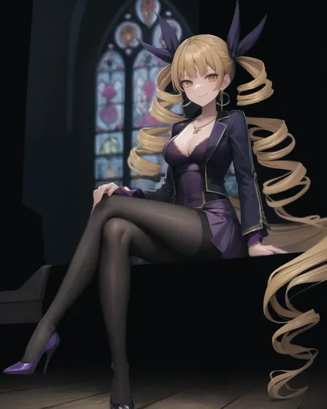 best quality, (masterpiece:1.2), illustration, absurdres, anime,
(1girl, solo), (beautiful detailed girl),
<lora:Mariabell-08:0.85>, Mariabell Crois, yellow hair, drill hair, twin drills, (long hair:1.1), very long hair,, hair ornament, orange eyes, medium breasts, earrings, necklace, jewelry,
dark purple jacket, dark purple skirt, long sleeves, black pantyhose, red dress, cleavage, purple high heels,
smug, smile, looking at viewer,
inside gothic castle, gothic architecture, stained glass, gothic style, alchemy, <lora:LowRA:0.6> dark theme,
cowboy shot,
crossed legs,