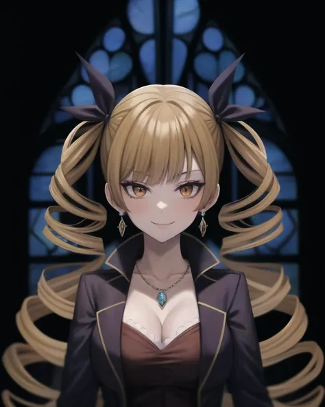 best quality, (masterpiece:1.2), illustration, absurdres, anime,
(1girl, solo), (beautiful detailed girl), ((upper body, portrait)),
<lora:Mariabell-08:0.85>, Mariabell Crois, yellow hair, drill hair, twin drills, (long hair:1.1), very long hair,, hair ornament, orange eyes, medium breasts, earrings, necklace, jewelry,
dark purple jacket long sleeves, red dress, cleavage,
smug, smile, looking at viewer,
inside gothic castle, gothic architecture, stained glass, gothic style, alchemy, <lora:LowRA:0.6> dark theme,
