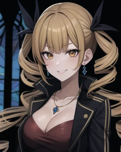best quality, (masterpiece:1.2), illustration, absurdres, anime,
(1girl, solo), (beautiful detailed girl), ((upper body, portrait)),
<lora:Mariabell-08:0.85>, Mariabell Crois, yellow hair, drill hair, twin drills, (long hair:1.1), very long hair,, hair ornament, orange eyes, medium breasts, earrings, necklace, jewelry,
dark purple jacket long sleeves, red dress, cleavage,
smug, smile, looking at viewer,
inside gothic castle, gothic architecture, stained glass, gothic style, alchemy, <lora:LowRA:0.6> dark theme,