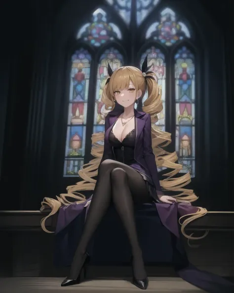 best quality, (masterpiece:1.2), illustration, absurdres, anime,
(1girl, solo), (beautiful detailed girl),
<lora:Mariabell-08:0.85>, Mariabell Crois, yellow hair, drill hair, twin drills, (long hair:1.1), very long hair,, hair ornament, orange eyes, medium breasts, earrings, necklace, jewelry,
dark purple jacket, dark purple skirt, long sleeves, black pantyhose, red dress, cleavage, purple high heels,
smug, smile, looking at viewer,
inside gothic castle, gothic architecture, stained glass, gothic style, alchemy, <lora:LowRA:0.6> dark theme,
sitting,