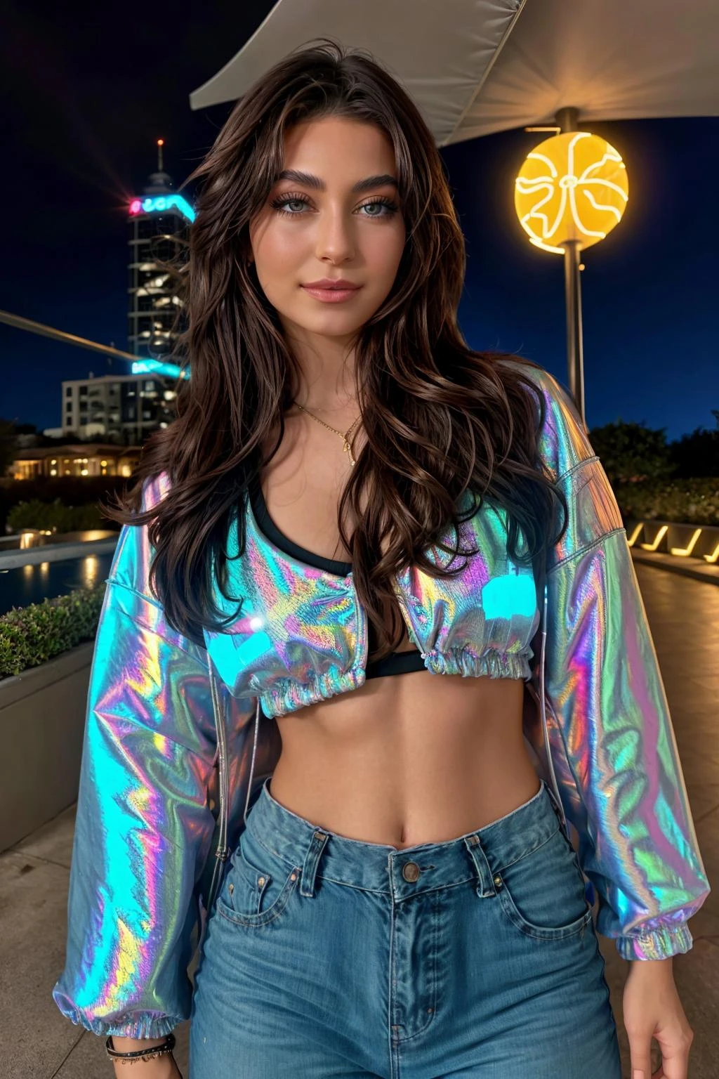 <lora:tclrv_v1:1> tclrv, masterpiece, best cinematic quality, photorealistic highly detailed 8k raw photo, volumetric lighting, volumetric shadows, hag costume, woman, ship background, seductive smile, female Corporate Spy, , Early twenties, Lean, Berber, Deep blue eyes, Protruding Chin, High cheekbones, Burgundy Straight haircut hair, Anticipation, Cybernetic Extension, Character extends a cybernetic limb or appendage, showcasing its capabilities., wearing Cyber-Denim Shorts, Holographic Kimono Blouse, Holo-LED High-Tops, , and, Elegant Turn, Character turns with a graceful spin, showcasing fluid body movement., Glitching Neon Flickers, Neon lights flickering and glitching in a rhythmic pattern, creating an eerie and dynamic ambiance, Massive corporate logos illuminating the cityscape